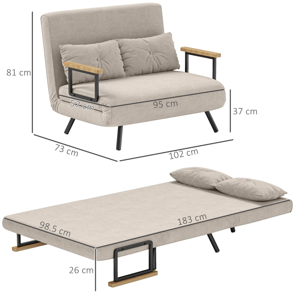 Divano Letto con Schienale Reclinabile e 2 Cuscini in Tessuto Effetto Velluto Bianco Crema