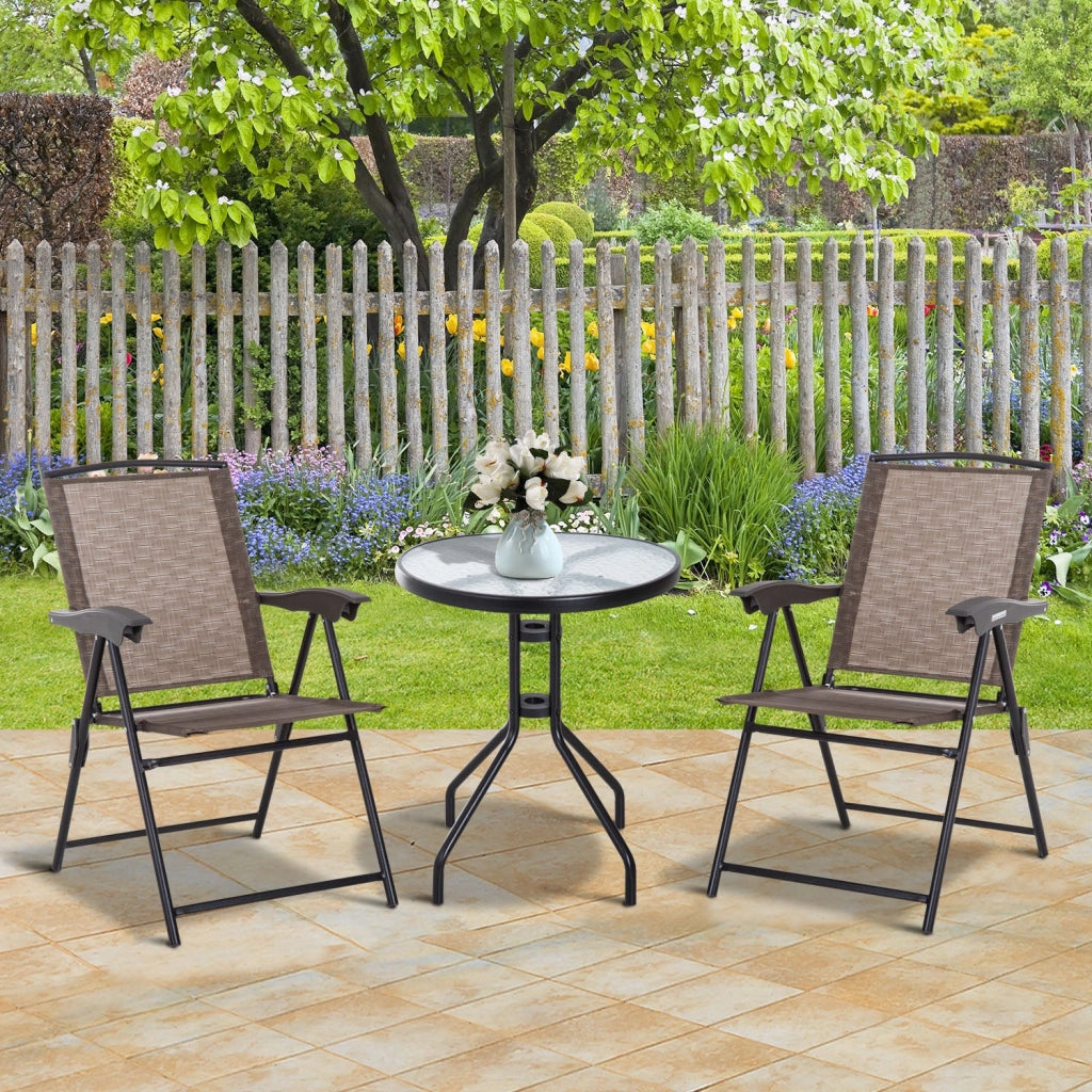 Set Tavolino e 2 Sedie Pieghevoli da Giardino in Vetro Marrone