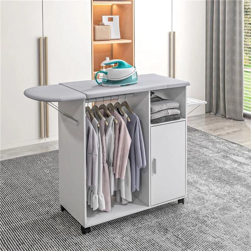 MOBILE ASSE DA STIRO CON PIANO D'APPOGGIO, 3 RIPIANI A CUBO E GUIDA, 107X42.5X99CM, BIANCO