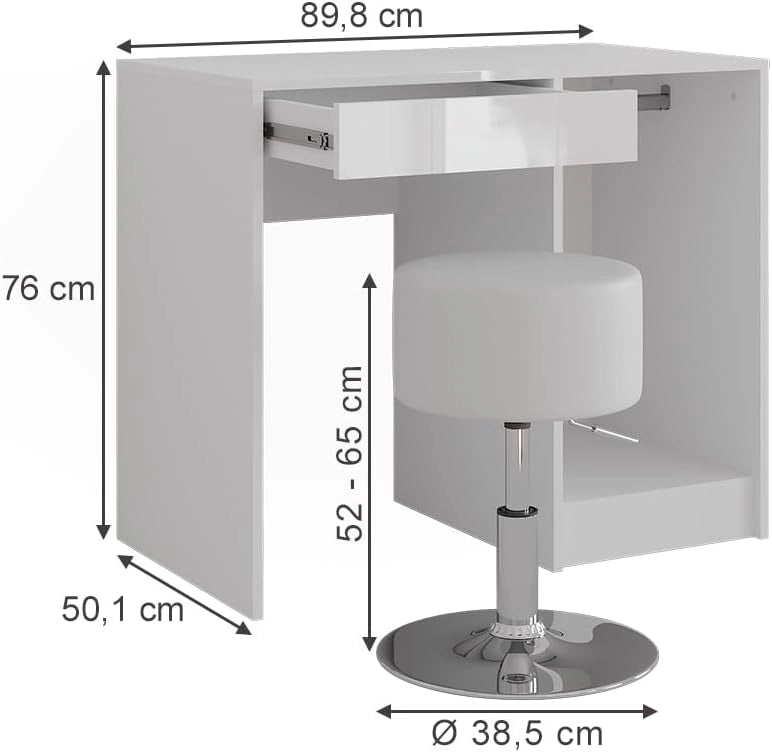 Tavolo da toeletta Sherry, Bianco/bianco lucido, 89.8 cm con sgabello