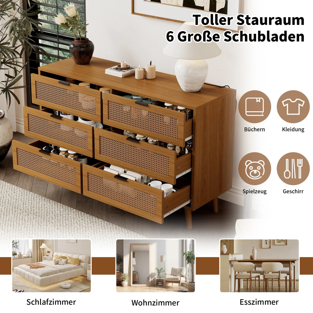 OKWISH Comò Retrò con 6 Cassetti, Maniglie in Metallo e Gambe in Legno Massello, per Camera Soggiorno Studio, Noce, 120×40×76.5 cm