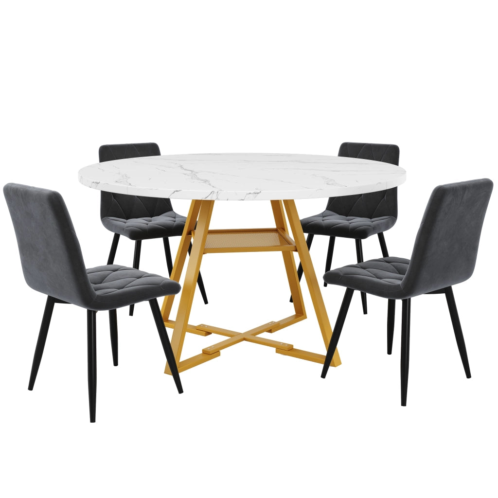 Tavolo da Pranzo Rotondo con 4 Sedie in Velluto ¨C MINIMAL ¨C 120x120x75, Set 5 Pezzi