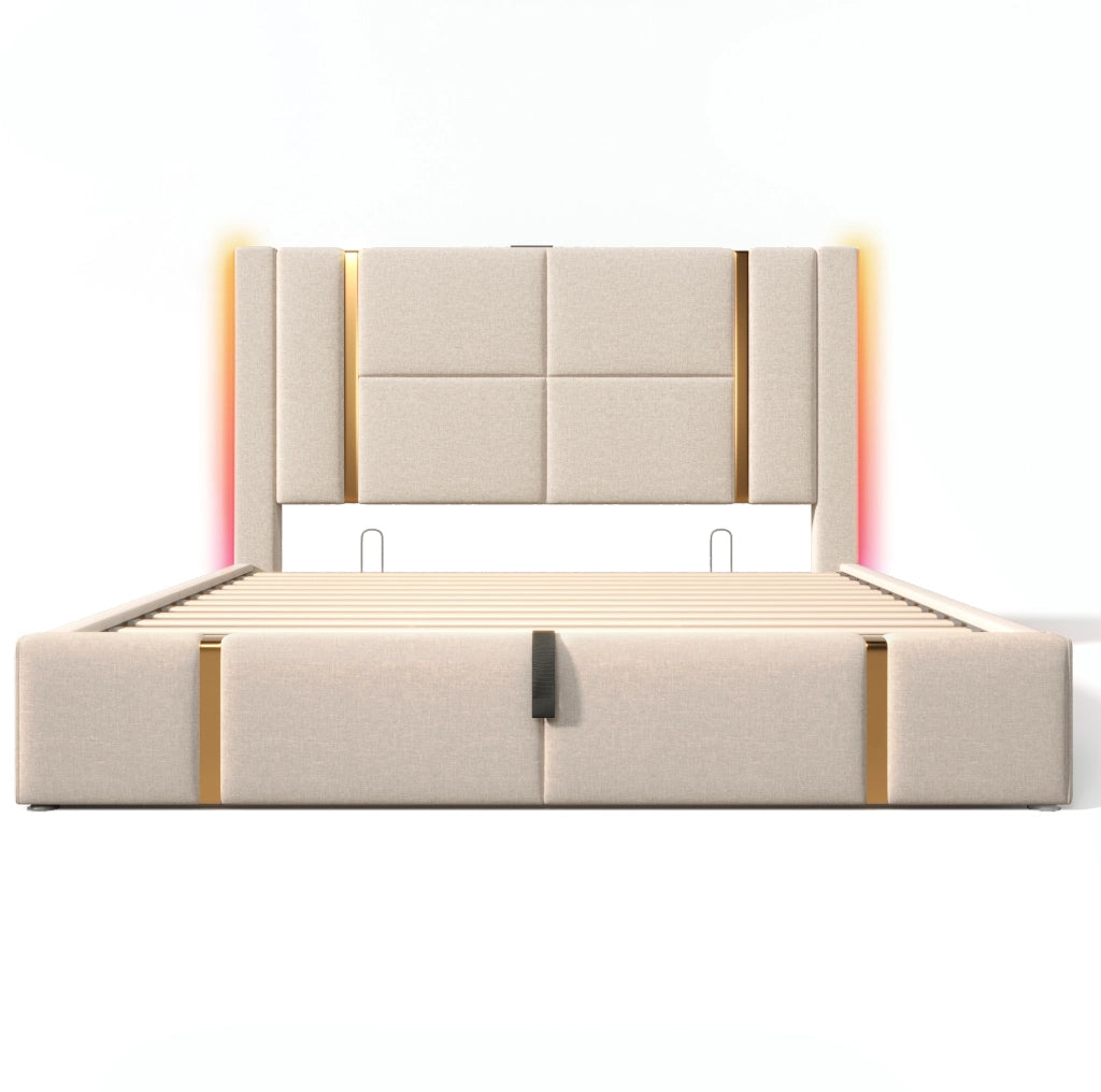 Letto 160x200 cm con contenitore, LED, USB-C e materasso a molle beige