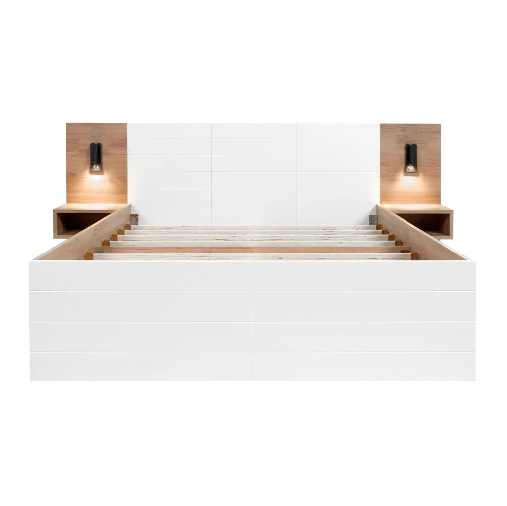 Letto matrimoniale 180x200 cm con 2 cassetti e 2 comodini; luce da lettura 360° e USB; bianco/rovere