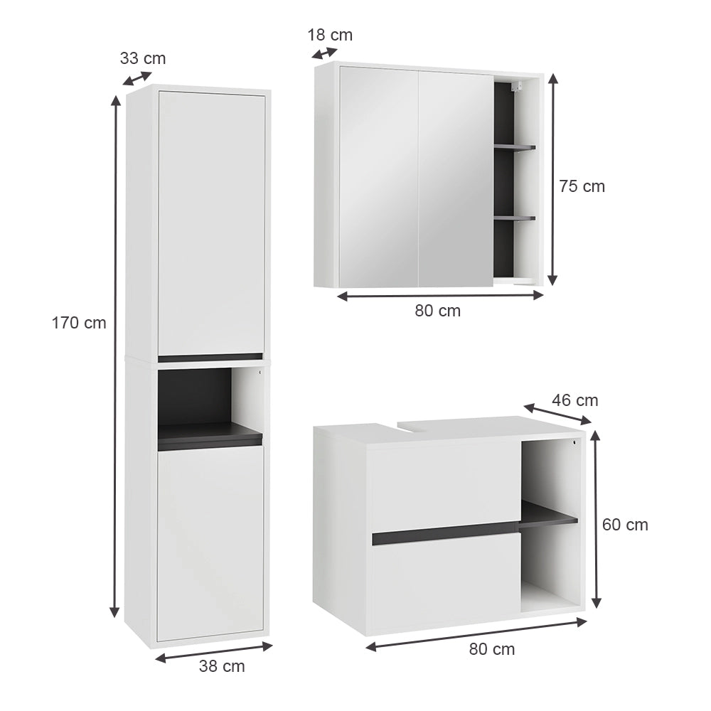 Vicco Set di mobili da bagno Bianco/Grigio 3 parti