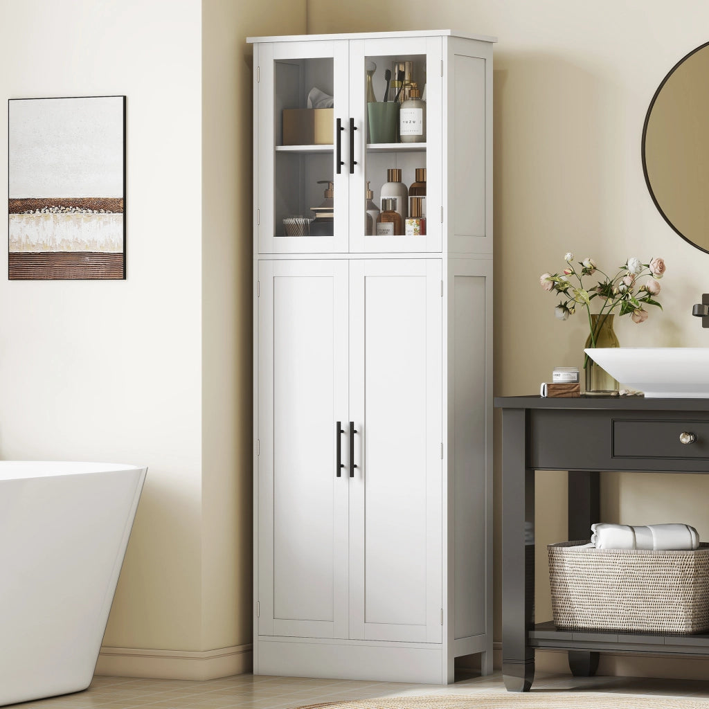 Mobile Bagno Alto con Ripiani Regolabili, Ante in Vetro e Legno, 60x30x170 cm, Bianco