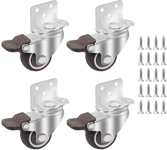 Set di ruote di sedia 38MM, 4 ruote di plastica TPE, set di ruote per trasporto con 20 viti, ruote con freno, ruote di sedia con piatto di fissaggio L, ruote di gomma adatte per lettini, mobili, vasi di fiori.