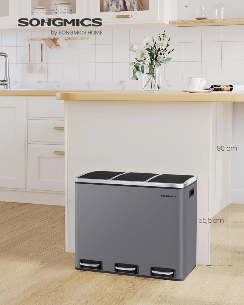 SONGMICS Cestino da Cucina, Pattumiera per Raccolta Differenziata 3 x 18L, 3 Scomparti per Riciclaggio, Coperchi a Chiusura Morbida, Pedali, Acciaio, Grigio Opaco LTB054G01