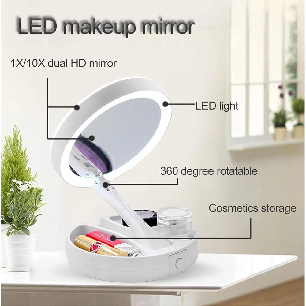 Trade Shop - Specchio Trucco Luce Led Da Tavolo Bifacciale 10x/1x 360° Contenitore Portatile Pieghevole -