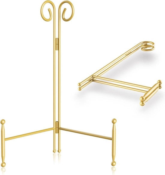 Stand per presentazione da 25 cm, supporto per foto e piatti decorativi in metallo dorato, display per tavoli, libri e opere d'arte pieghevole (lotto da 2)