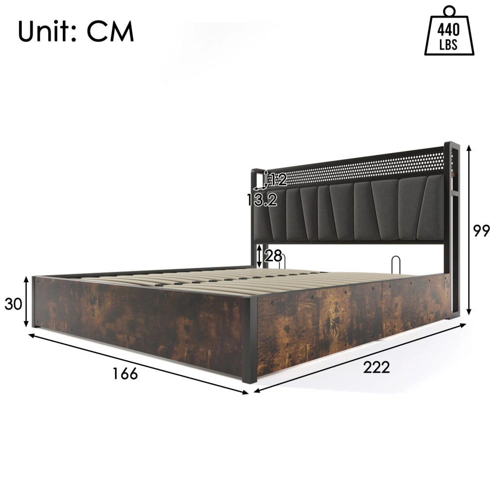 Letto matrimoniale 160x200 cm in metallo e lino grigio con LED RGBW; prese USB e contenitore