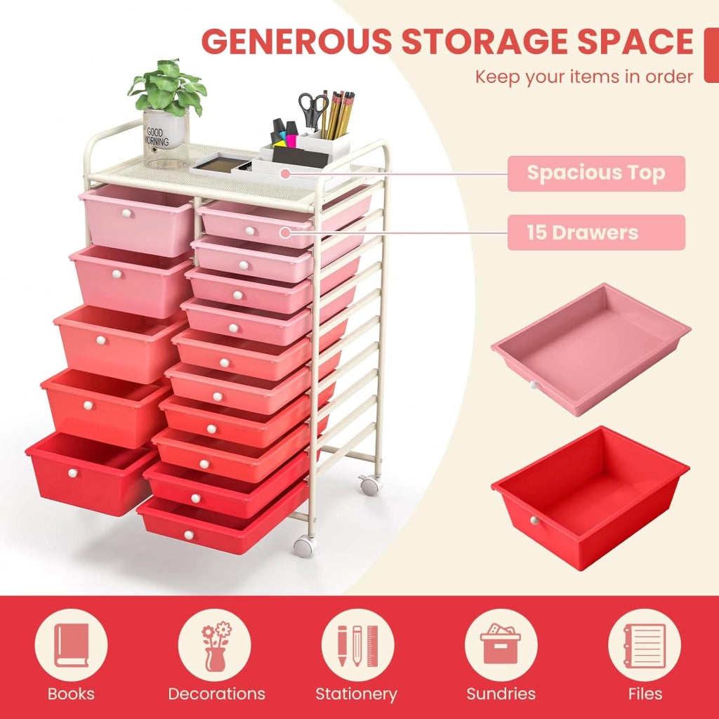 Carrello con 15 Cassetti, Impilabile, con Ruote Bloccabili per Cucina, Bagno, Ufficio - 63 x 37 x 87 cm (Rosa)