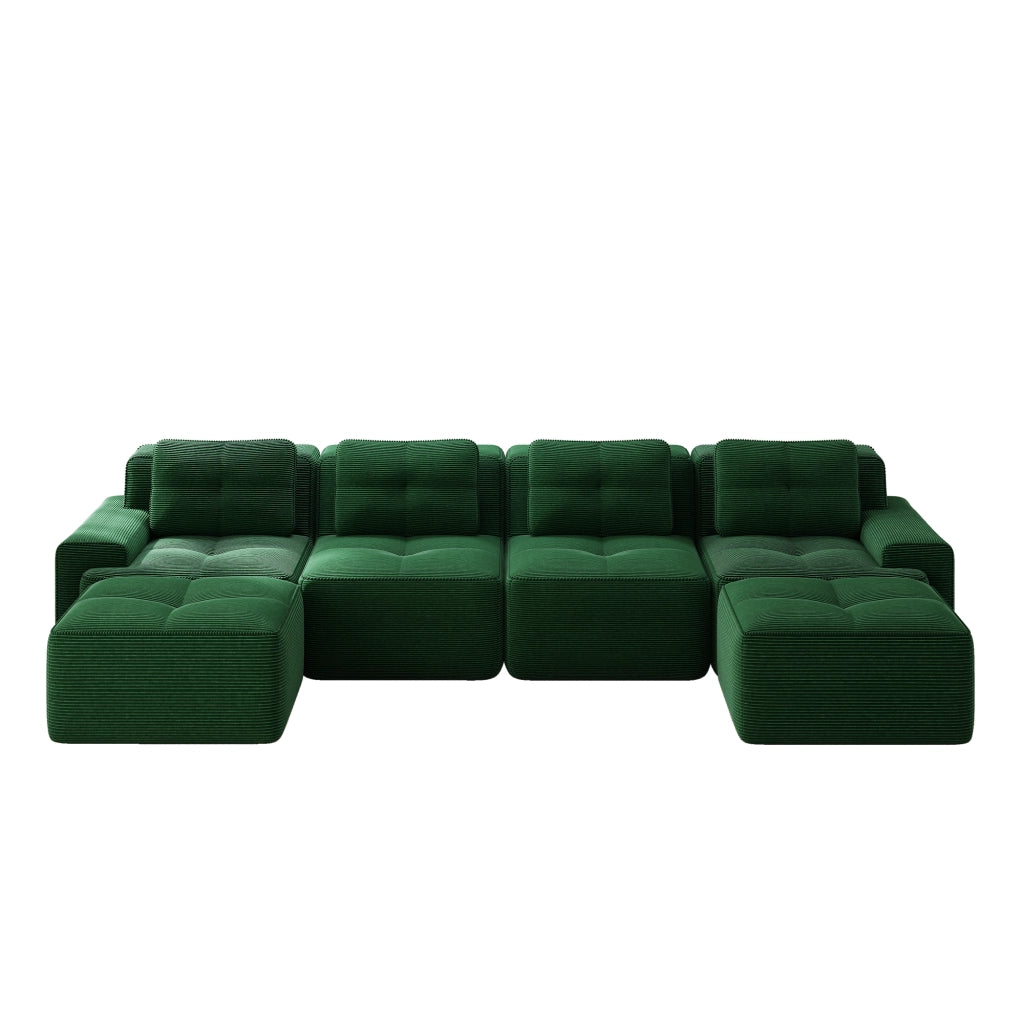 Divano modulare boneless a 4 posti con seduta profonda, schienale avvolgente e base antiscivolo in corduroy verde