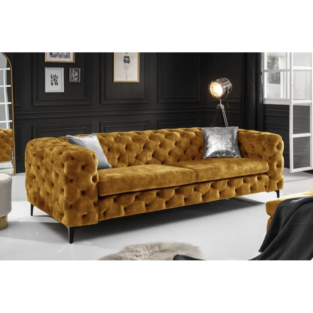 Divano + poggiapiedi VELENA giallo senape – Set barocco in velluto con gambe in metallo nero