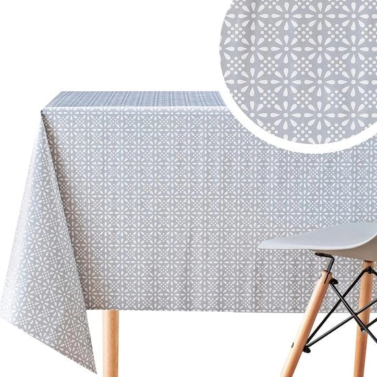Tavola con tovagliato in PVC a forma rettangolare 200 x 140 cm con fiori bianchi in stile vintage, resistente all'acqua e facile da pulire, riutilizzabile in vinile.