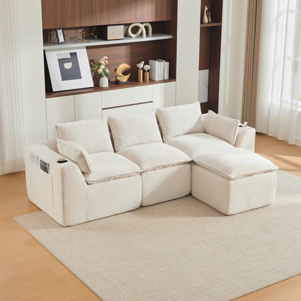 Divano modulare a 3 posti con pouf; tasche laterali; in corduroy beige 256x161x75 cm
