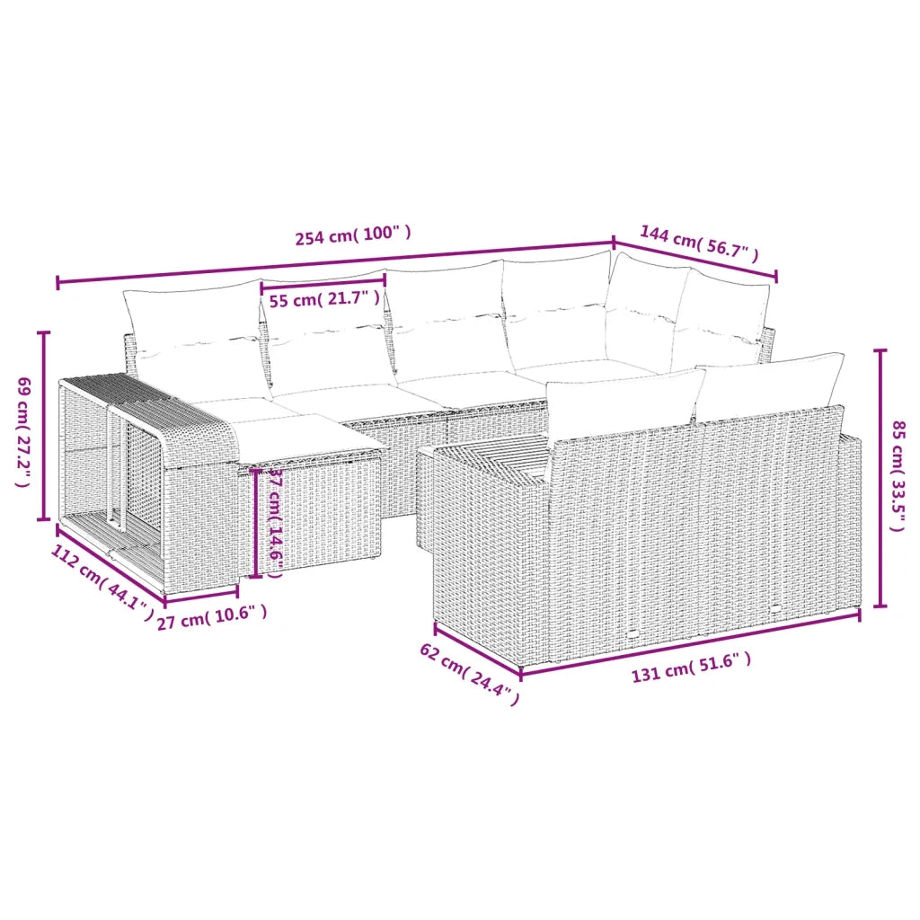 Set Divani da Giardino 11 pz con Cuscini in Polyrattan Nero