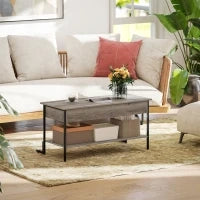 Tavolino con piano sollevabile, tavolino da salotto con vano nascosto e ripiano aperto, 95x40x59cm, grigio