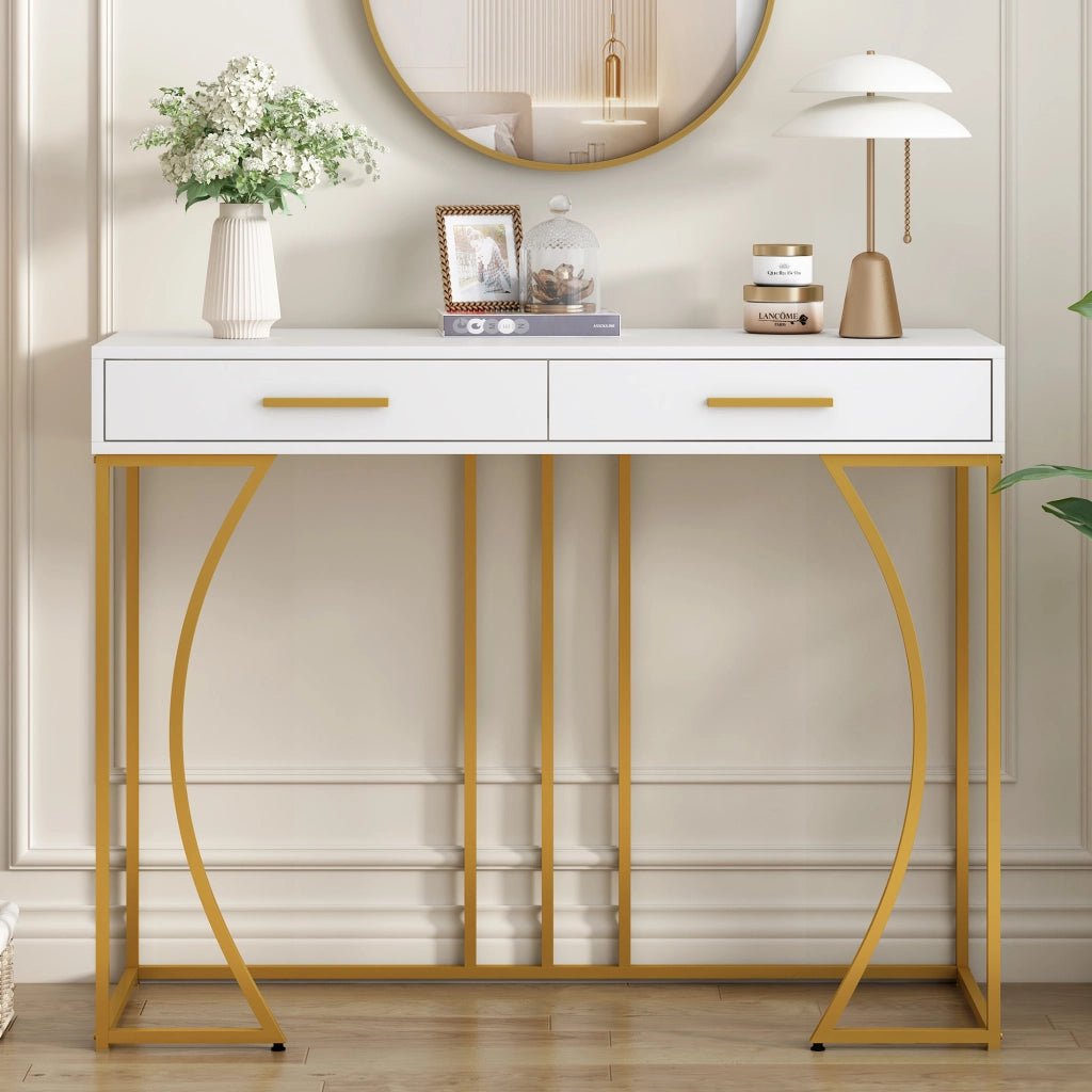 TAVOLO CONSOLLE con cassetto 110x32x85 cm MDF bianco e struttura in metallo