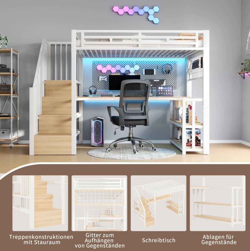 Letto a soppalco 90x200 cm con scrivania, LED e prese USB, bianco