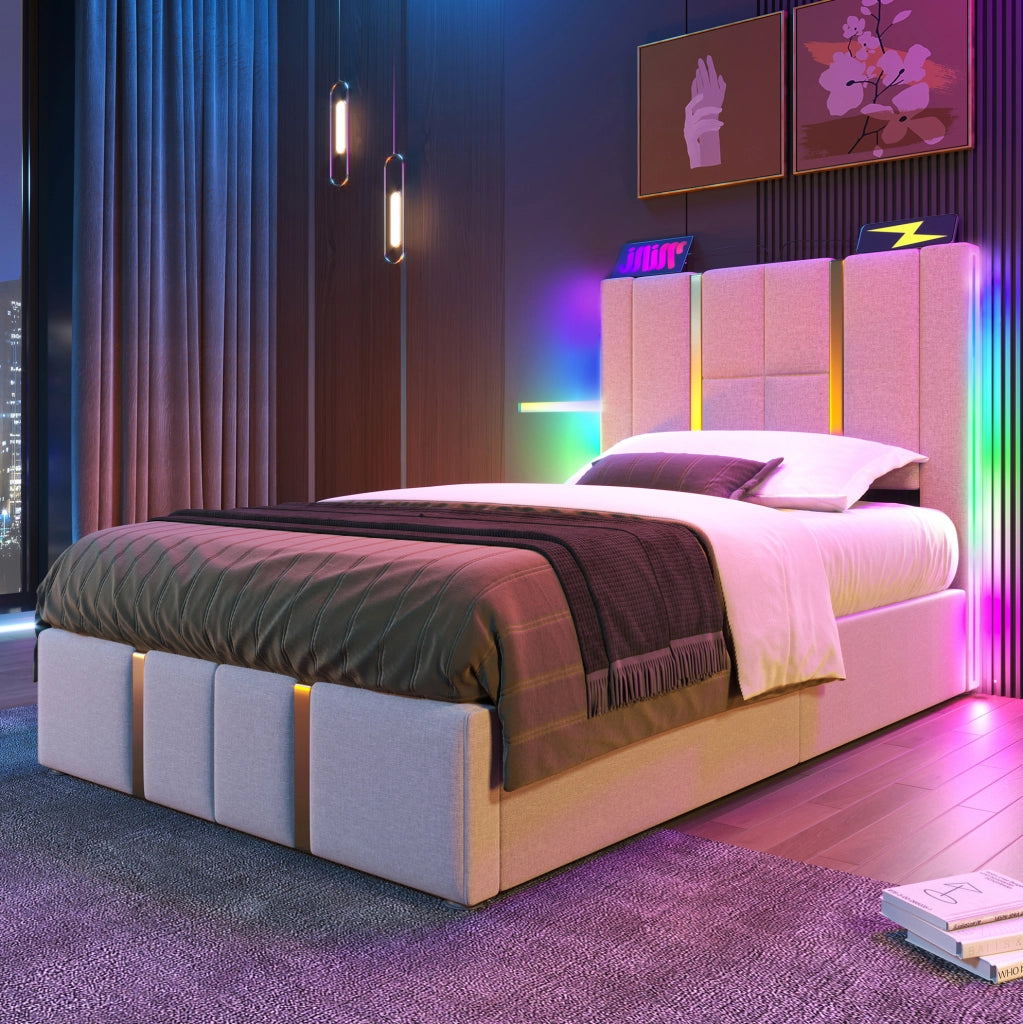 Letto imbottito 90x200 cm in lino beige con LED RGB; USB e Type-C; contenitore e rete a doghe