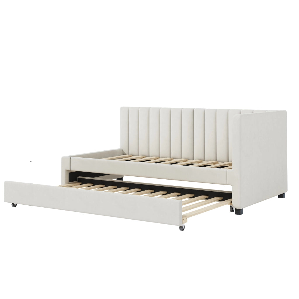 LETTO imbottito estraibile 90x200 cm in velluto beige con rete a doghe