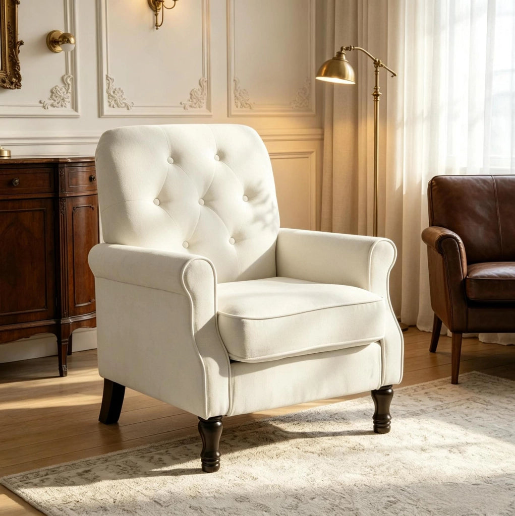 Poltrona lounge in tessuto effetto lino crema con molle