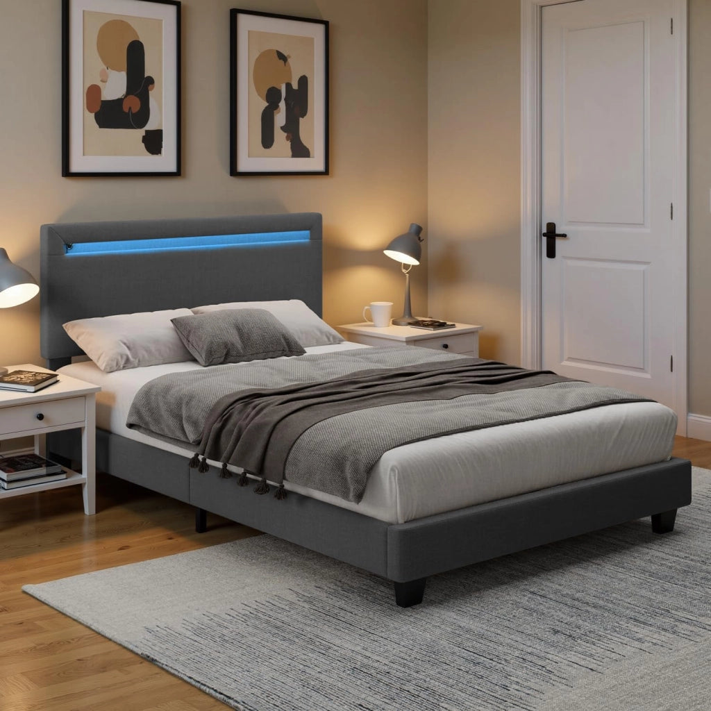 Letto imbottito 120x200cm con luce LED, Letto a piattaforma imbottito, Struttura in ferro, Testiera imbottita, Bse robusta, Adatto per camere degli ospiti (Grigio scuro)