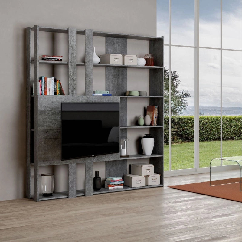 Composizione Libreria Kato 6R 2 fianchi 2 fasce lunghe 2 fasce corte 2 fasce medie pannello TV - Cemento,M