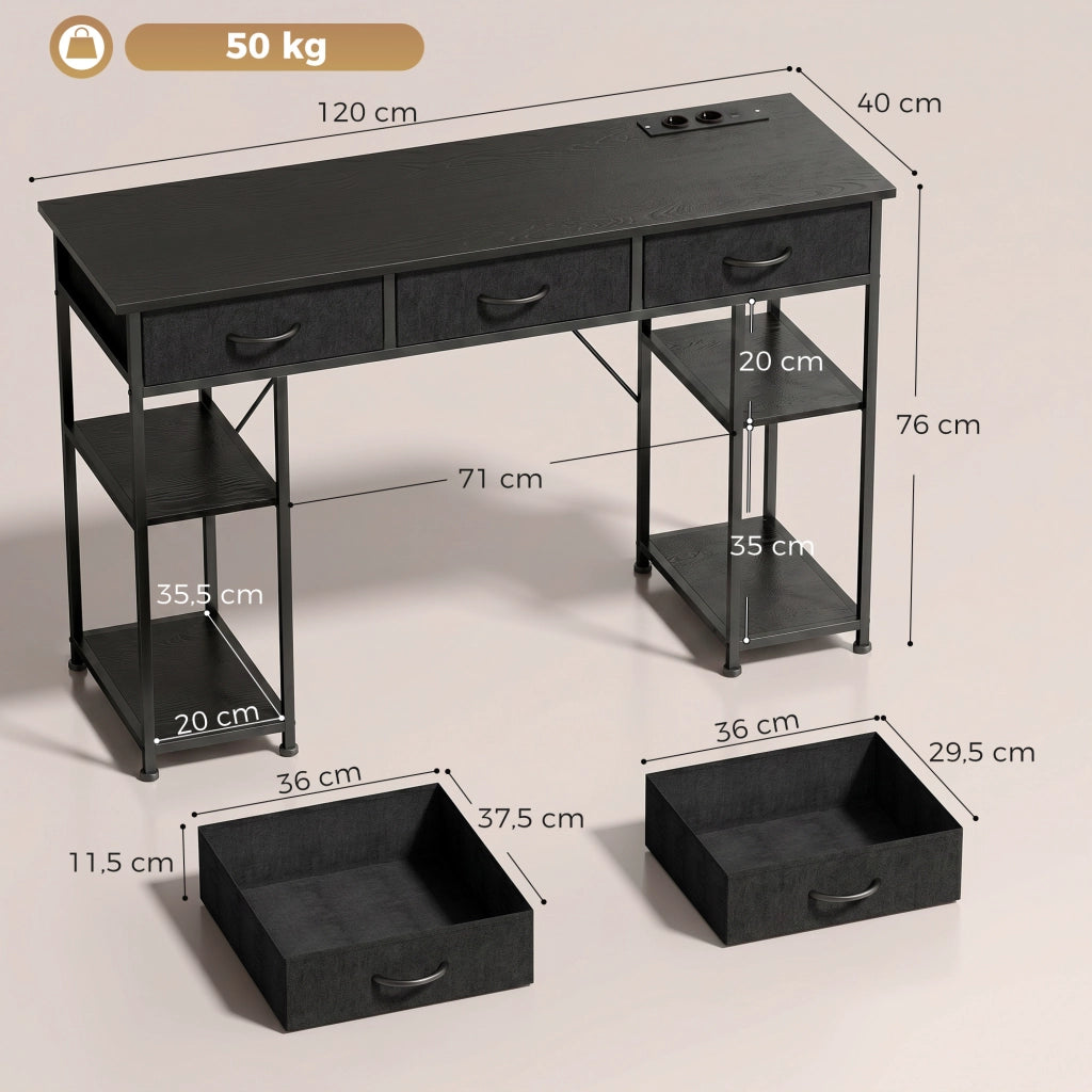 Scrivania con cassetti e ripiani ¨C Xylo ¨C 3 cassetti in tessuto, 4 ripiani, prese elettriche, 120x40x76 cm, nero