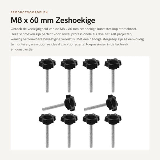 Serraggio a stella a 6 facce in plastica M8 x 60 mm - Serraggio a stella con maniglia - Serraggio a stella meccanico - Bloccaggio meccanico - Facile da installare - Resistente allo shock - Set di 10 pezzi
