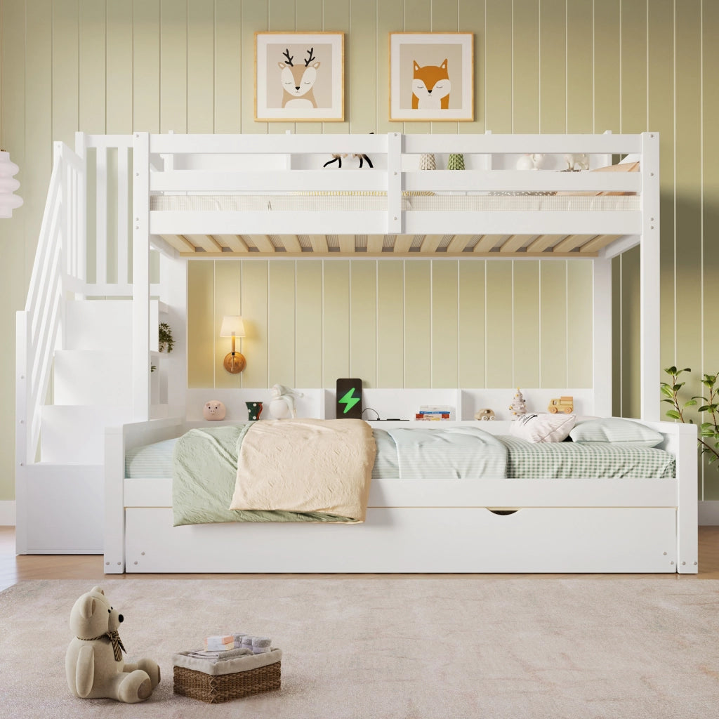 Letto a castello 90×200 cm e 140×200 cm 4 posti, estraibile 90×190 cm, USB e scale contenitore, senza materassi