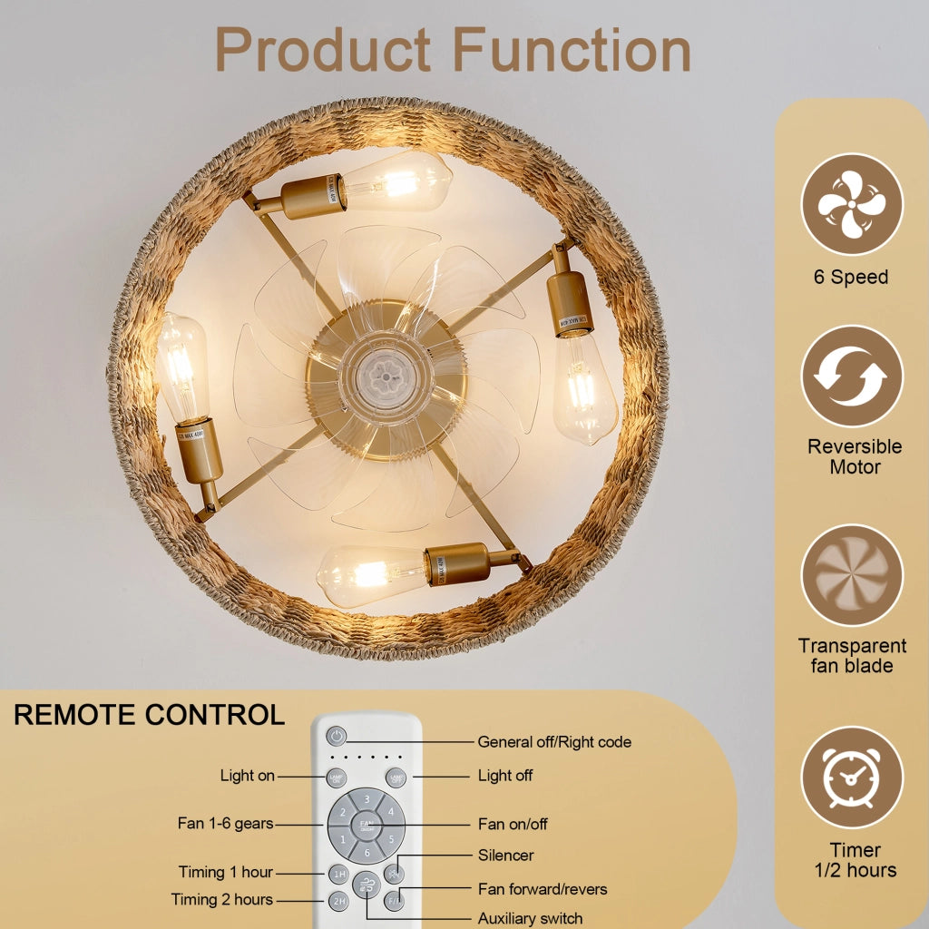 Ventilatore da soffitto 19 pollici con luce, rattan naturale, doppio controllo app e telecomando, 6 velocit¨¤ reversibili, design naturale