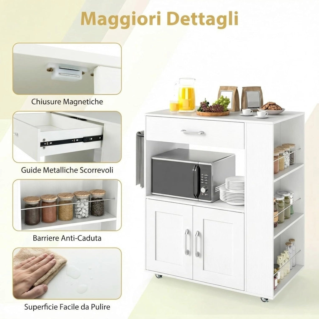 Carrello da Cucina con Ruote, Isola da Cucina con 3 Portaspezie 1 Cassetto Armadietto a 2 Porte, Carrello Portaoggetti con Portasciugamani, 82x46x92 cm (Bianco+bianco)