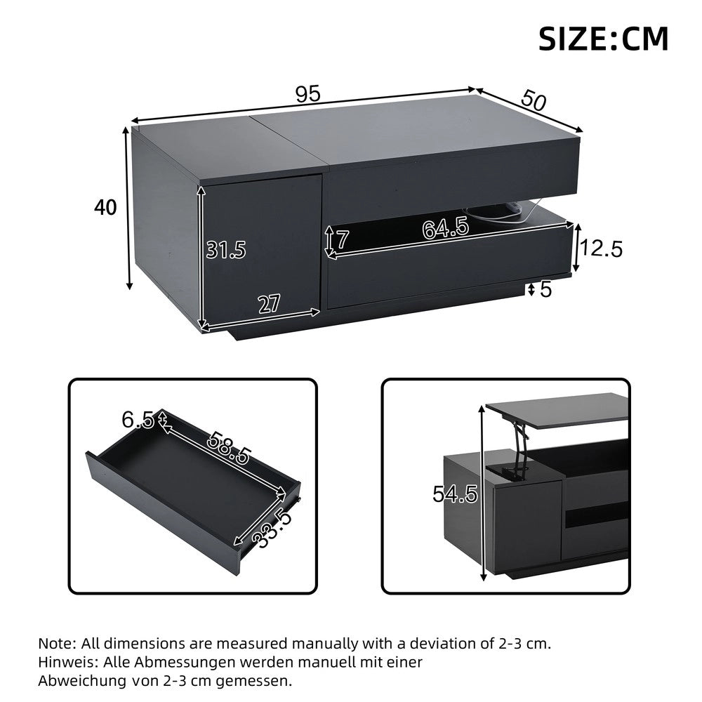 Tavolino da Caff¨¨ Sollevabile con LED, Cassetto e Vano ¨C MINIMAL ¨C Nero Lucido 95x50x40