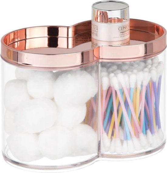 Scatole di plastica, adatte come dispenser per rulli e bastoncini di spugna, stivabili e con coperchio pratico, singola, trasparente/rosa oro.