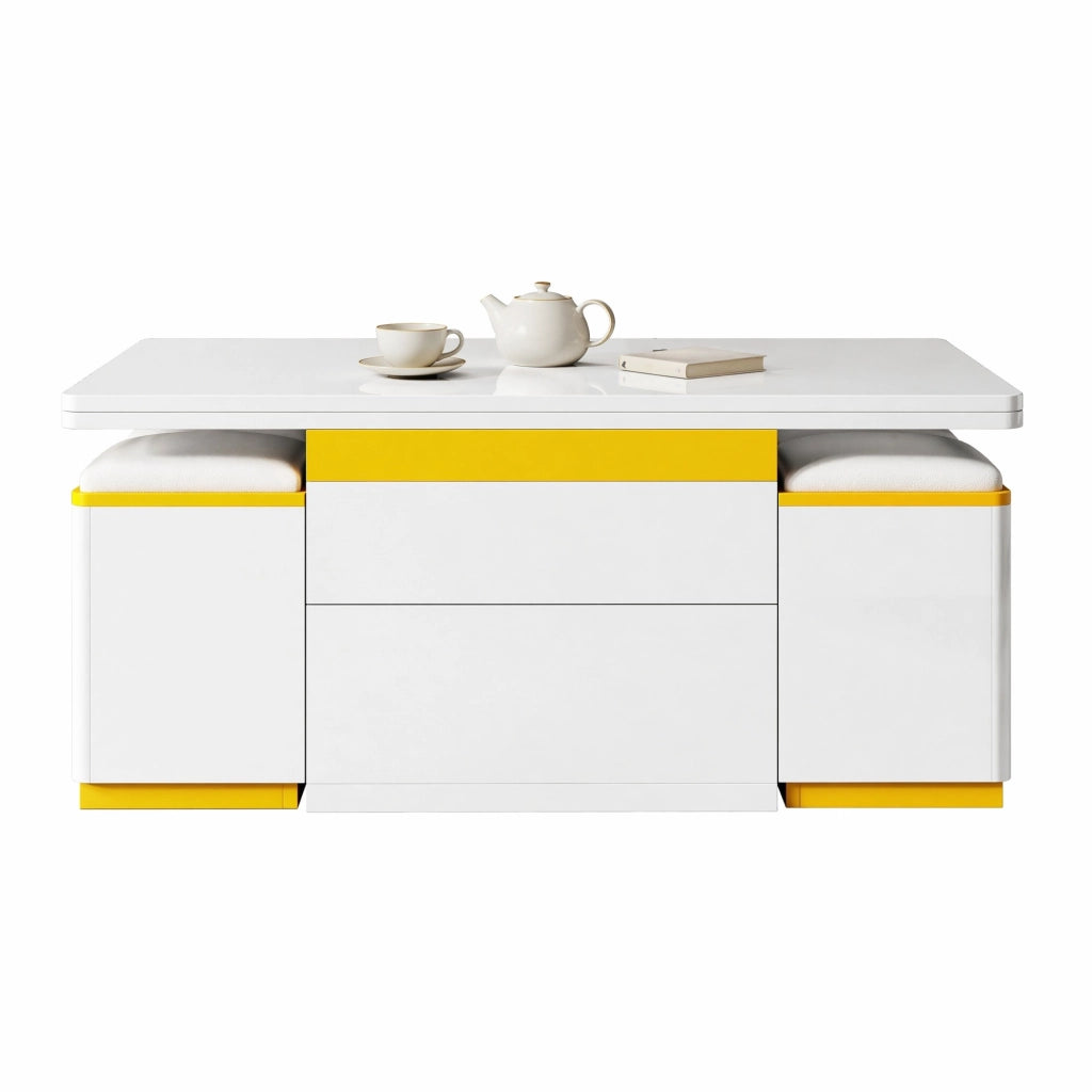 Tavolino da caffè sollevabile 100x50x43 cm bianco e giallo, contenitore integrato, MDF/PB