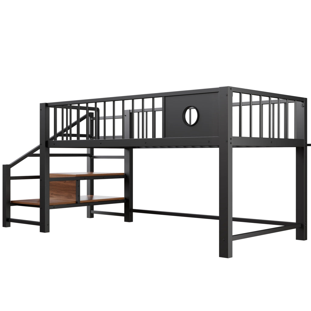 Letto a soppalco basso per bambini 90x200 cm con scala, nero