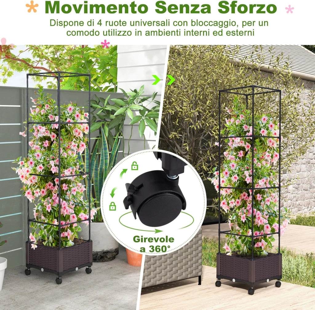 Fioriera con Grigliato per Piante Rampicanti, Letto Rialzato con Spalliera, Sistema di Auto-irrigazione, Altezza Regolabile e Ruote, Fioriera Verticale da Interno ed Esterno