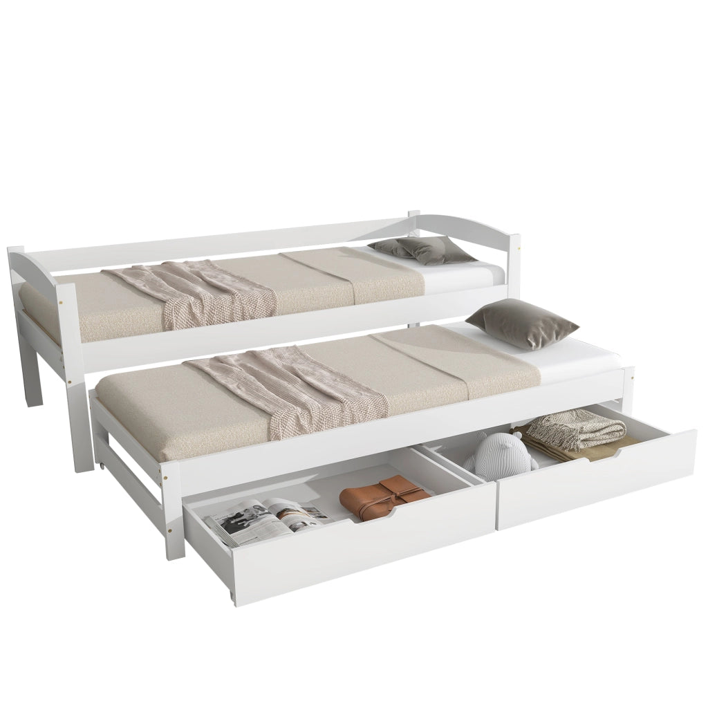 Letto a scomparsa singolo e matrimoniale con letto estraibile, 2 cassetti in MDF, struttura in legno massello bianco