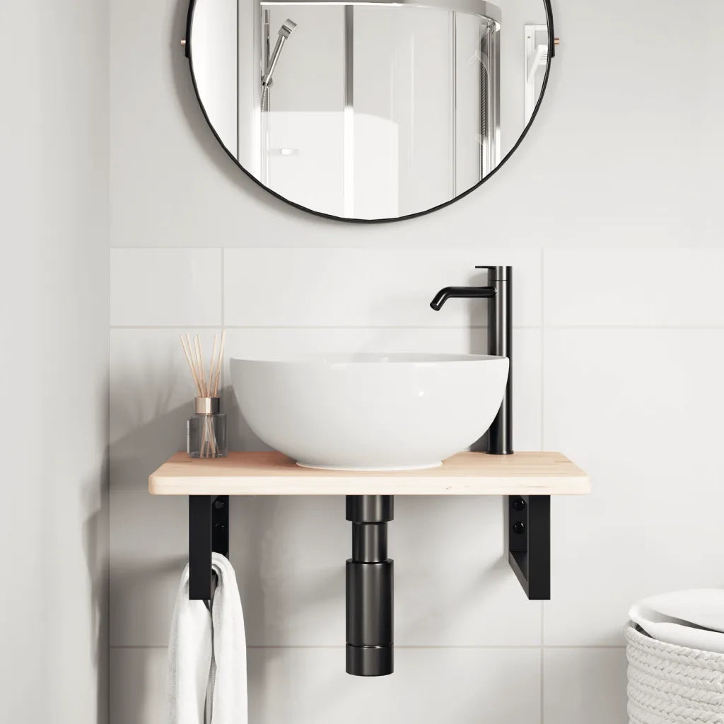 Ripiano a Parete per Lavabo in Acciaio e Massello di Rovere 3302333