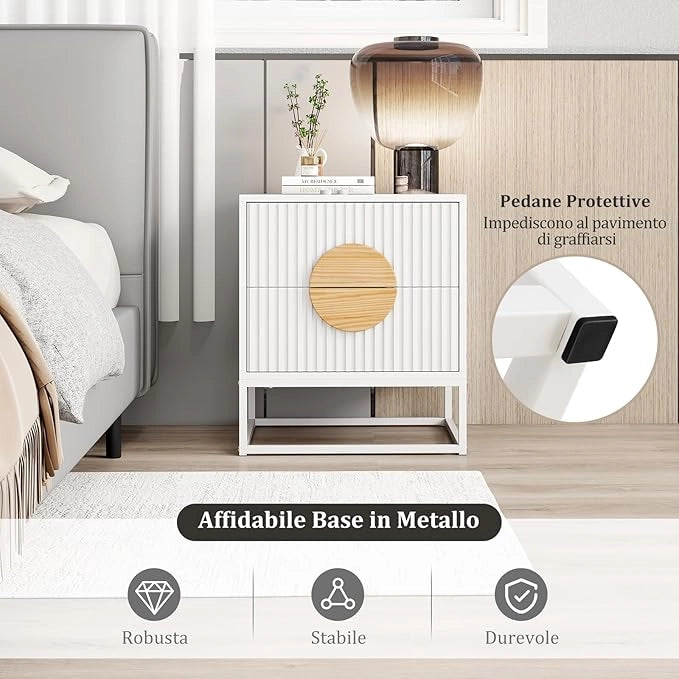 Comodino a 2 Cassetti, Tavolino con Maniglie in Legno di Pino e Struttura in Metallo, Cassettiera Salvaspazia Moderna per Camera da Letto e Soggiorno, 48 x 40 x 55 cm