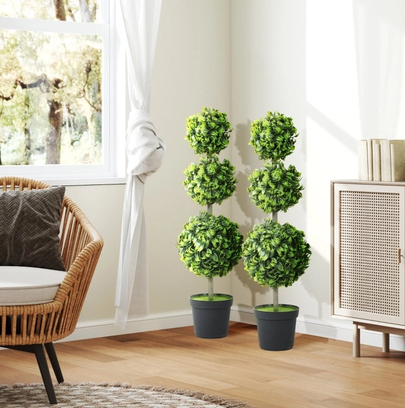 Set di 2 alberi sferici artificiali 100 cm; resistenti ai raggi UV; plastica verde