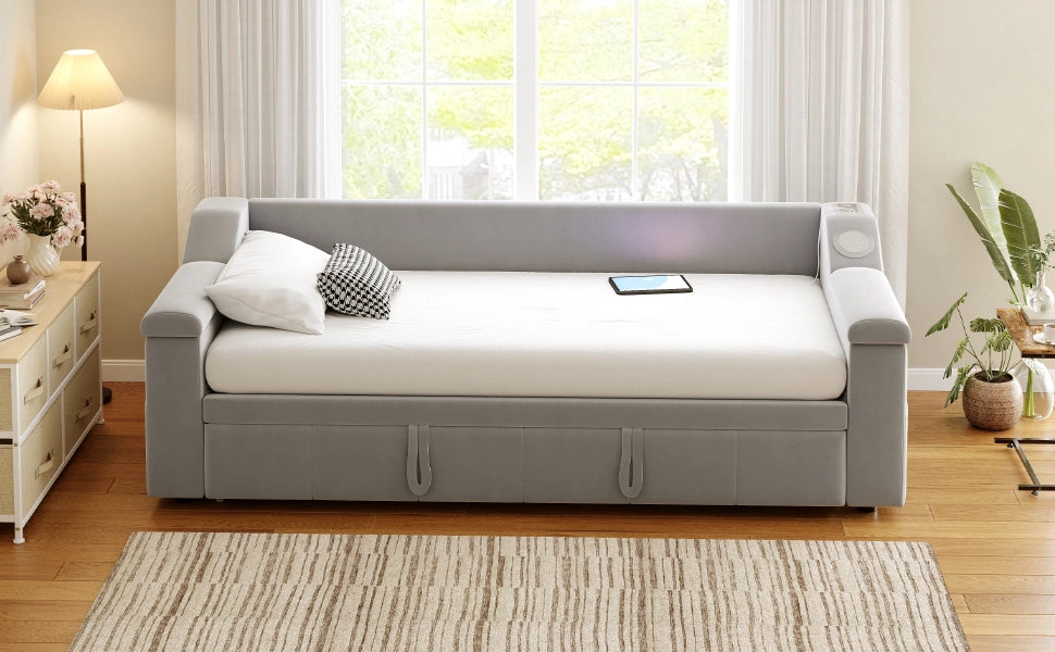Letto divano trasformabile con altoparlanti bluetooth e rete a doghe velluto grigio 90x190 cm