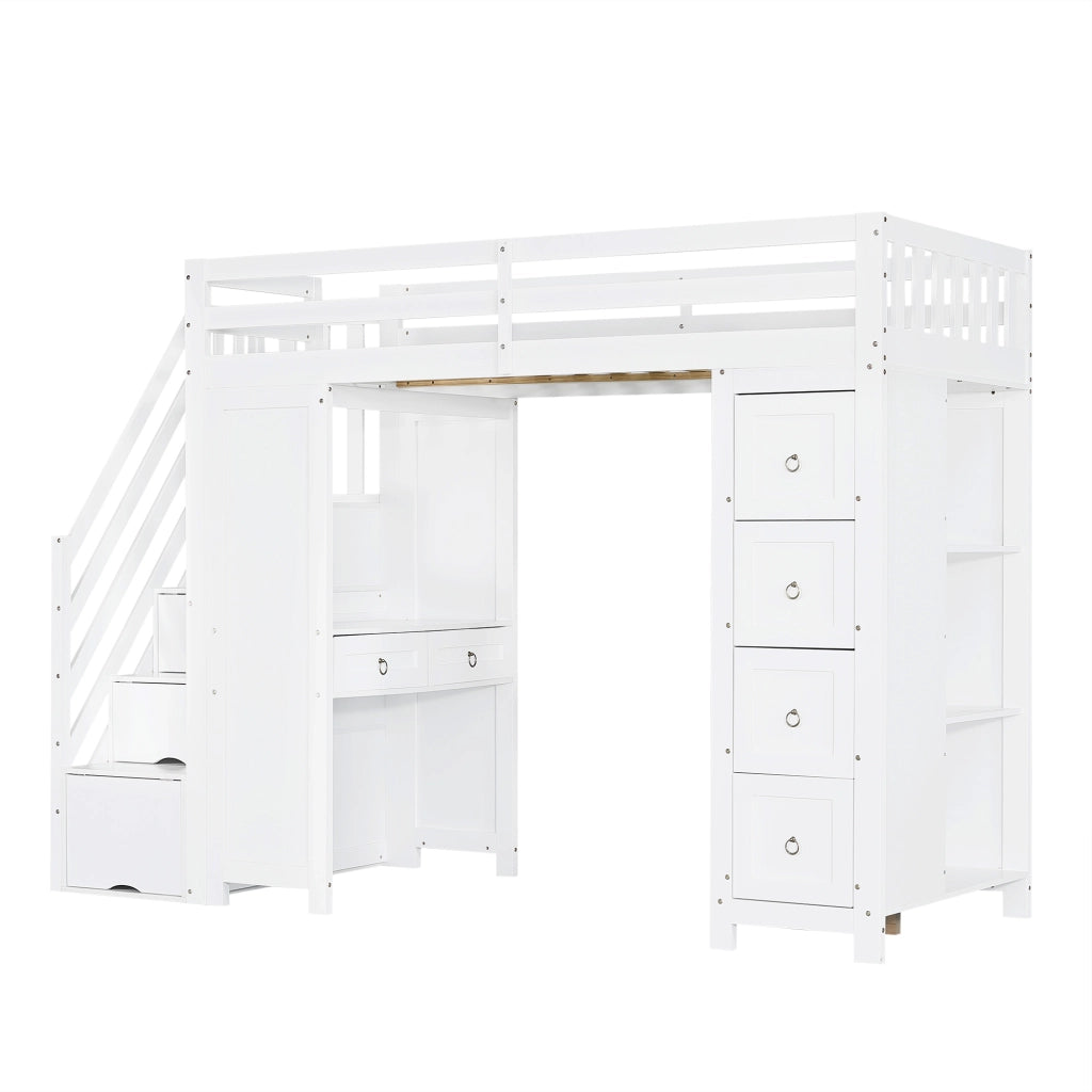 DESMIU Letto a soppalco per bambini 90 × 200 cm 1 posto con scrivania, 4 cassetti e ripiani, senza materasso, bianco