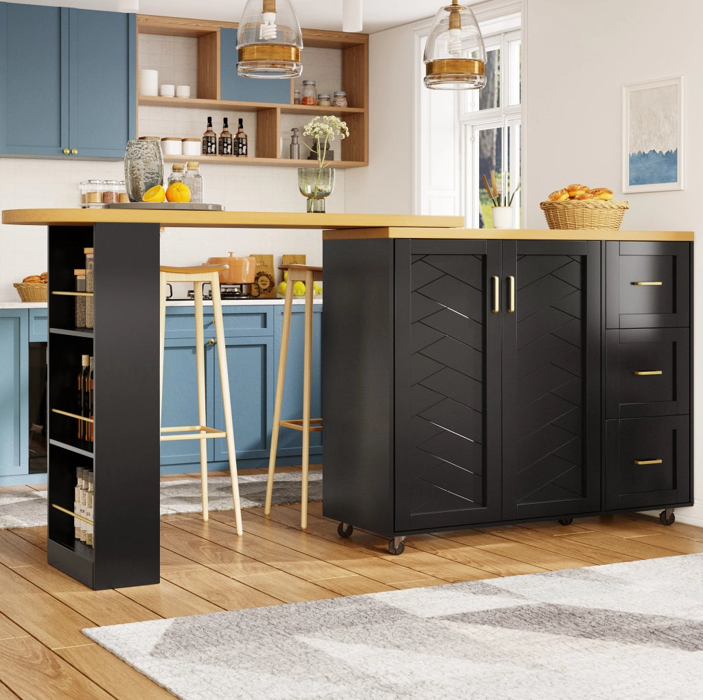 Carrello bar allungabile 135-228 cm con 2 ante e 3 cassetti nero HOMVRA