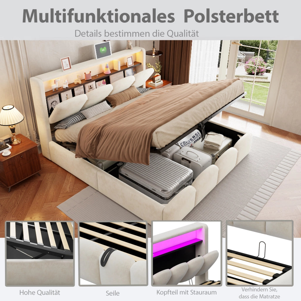 Letto matrimoniale imbottito 140x200 cm con USB; LED e contenitore; beige