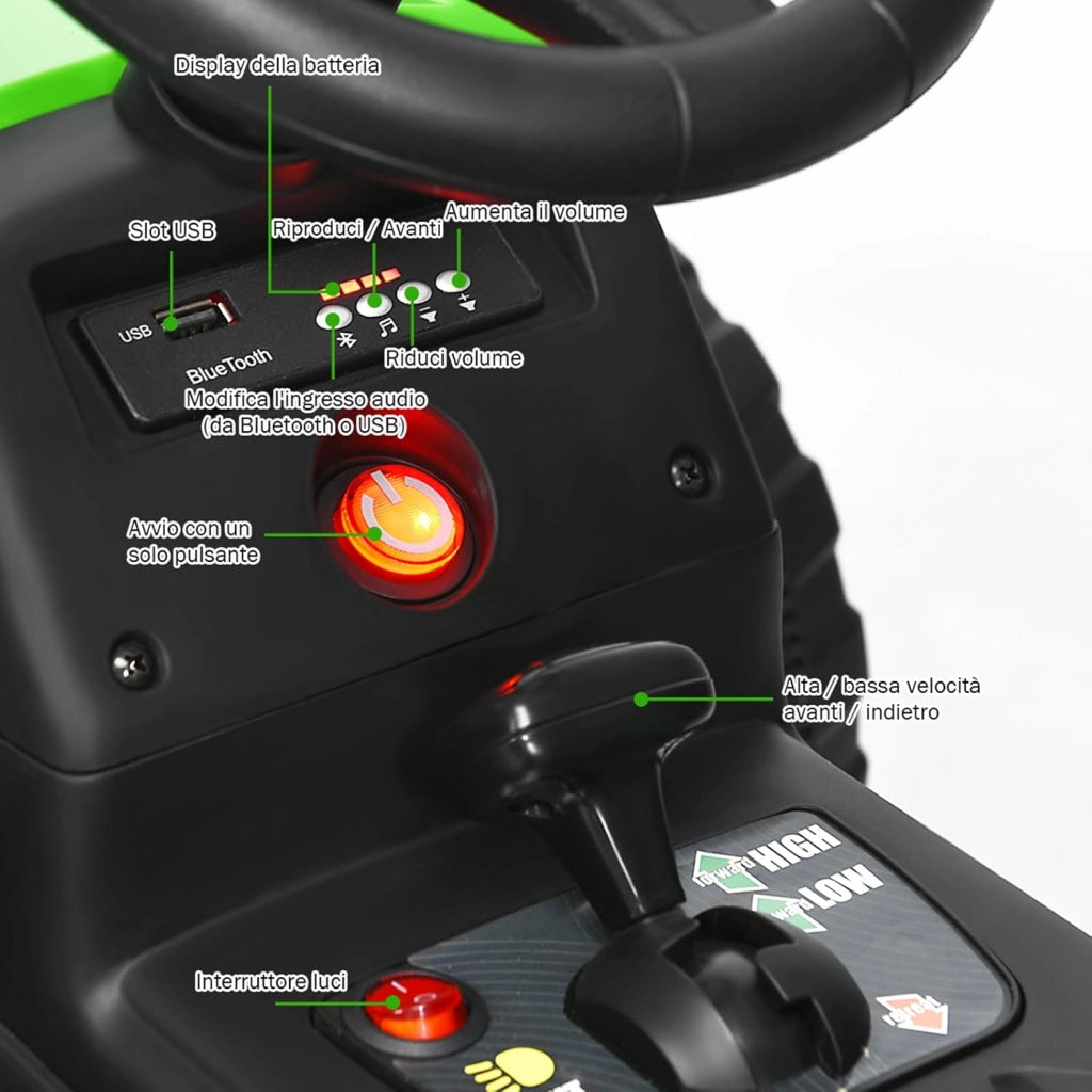 Trattore con Rimorchio Cavalcabile per Bambini 12V, Trattore Elettrico Telecomandato, con Luci e Suoni, 30kg, 3+ Anni (Verde)