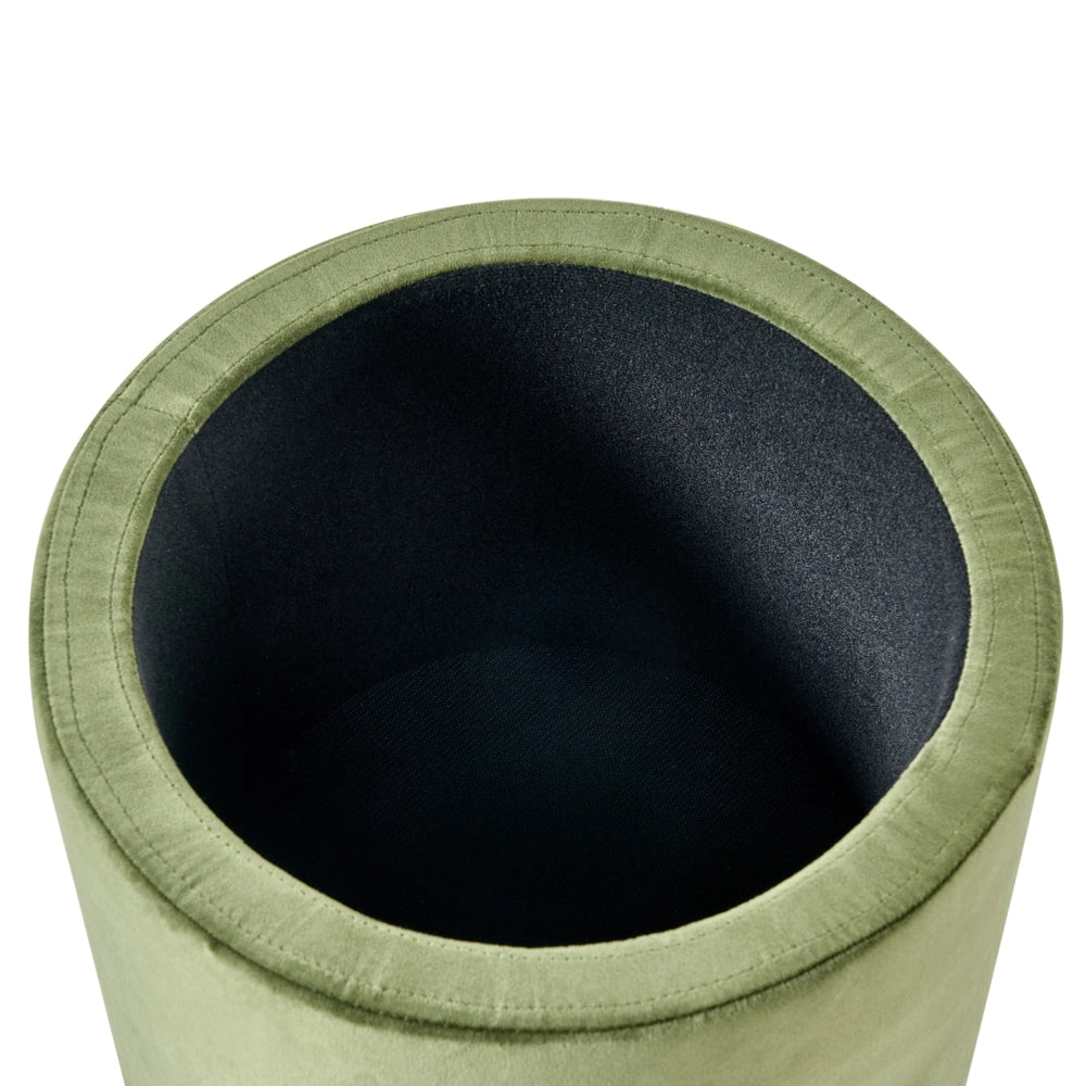 Pouf contenitore con seduta in tessuto velluto e base in legno poggiapiedi rotondo tavolino occasionale verde