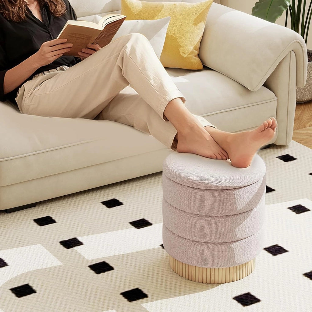 Pouf Contenitore Rotondo 35,5 L, Poggiapiedi Divano Imbottito con Coperchio Rimovibile, Sgabello Moderno in Ciniglia con Base in Legno di Pino, per Soggiorno e Camera da Letto